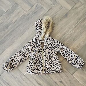 Leopard Print Kids Jacket with Faux Fur Hood, Girls Size 8